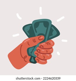 Cartoon hand of businessman holds banknotes. Financial operation with money and banknotes.