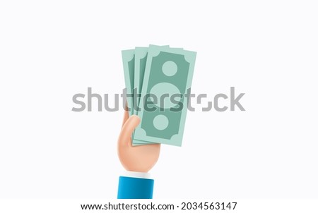 Cartoon hand of businessman holds banknotes. Concept of financial operation with money bills and banknotes. 3d vector illustration with hand and money bills.
