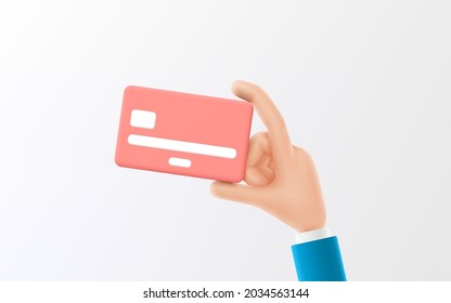 Cartoon hand of businessman holds debit or credit card. Vector illustration of concept of contactless payment or online shopping and  online banking. 3d illustration with debit or credit card.