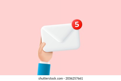 Cartoon hand of businessman holds envelope with new emails. Concept of notification of new emails. 3d vector illustration with hand and white envelope.