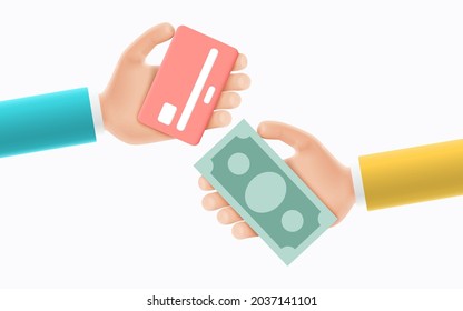 Cartoon hand of businessmans hold banknotes and credit card. Concept of financial operation with money bills and credit or debit card. 3d vector illustration with hands, money bills and plastic card.