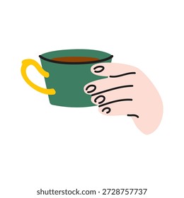 Mano de dibujos animados con una taza de cerámica de bebida caliente. Mano que sostiene la taza de la bebida caliente, café de la mañana o té negro aislado en el fondo blanco