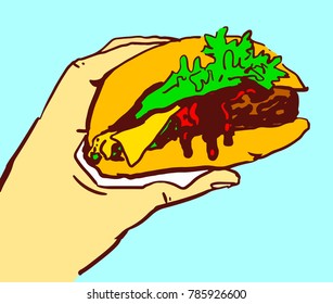 Cartoon Hand With Cheeseburger. Colorful Vector Sketch Isolated At Blue. Clip Art.