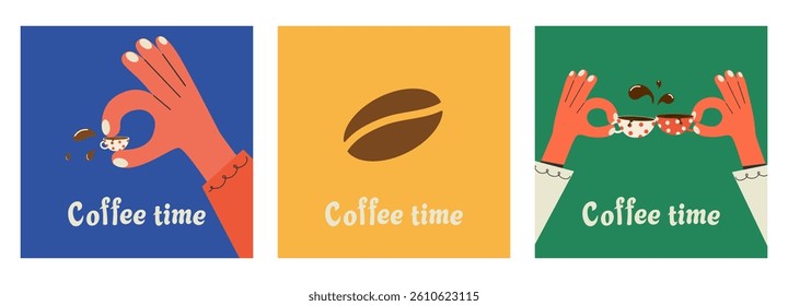 Cartoon hand with a coffee cup. Coffee cups clinking against each other. Backgrounds, covers, cards, and posters for coffee shops. Flat vector illustration.