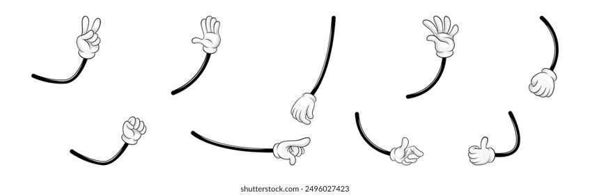 Cartoon Hand and Comic Arm with Five Fingers in White Glove Gesturing Vector Set