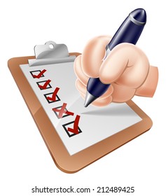 A cartoon hand completing survey on a clipboard with a pen