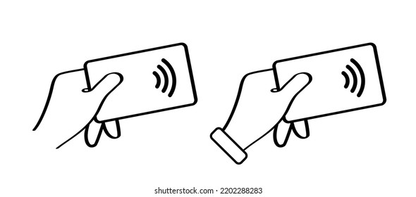 Caricatura con tarjeta de pago inalámbrica sin contacto. Tarjeta de crédito nfc. Concepto de pago móvil vectorial. Símbolo de pago o pictograma, Icono Tocar para pagar. Comunicación cercana al terreno