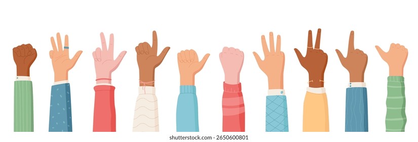 Cartoon hand count gesture icon set shows diverse poses. Hands and fingers count different numbers in a playful style. Vibrant cartoon announces diversity through gestures. Suitable for education.