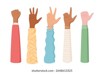 Cartoon hand count gesture set in vibrant sleeves. Graphic depiction of fingers counting numbers. Diverse people illustration, flat style, ideal for educational use.