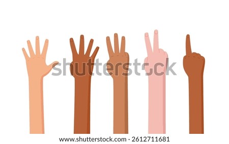 Cartoon hand count gesture set in flat style. Bare arms stretch showing finger positions for counting. Various fingers depict numbers in a cartoon character format, ideal for basic math education.