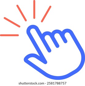 Cartoon hand cursor clicking with index finger making bright light effect, simple outline vector illustration isolated over white background