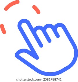 Cartoon hand cursor with index finger extended, clicking and making red lines appear above, representing interaction, selection, or a digital action