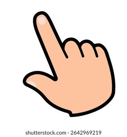 A cartoon hand cursor with the index finger pointing. Represents clicking, selecting, or interaction. A common icon for user interfaces, websites, and technology tutorials.