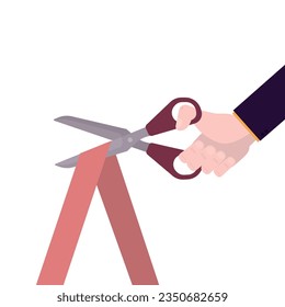 Cartoon hand cutting red ribbon with scissors. Design isolated on white background. Startup launch, shop opening. Ceremony event, grand opening, presentation. Place for text. flat vector illustration