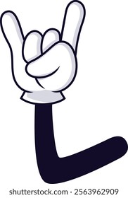 Cartoon hand displaying the rock and roll gesture with index and little finger raised, expressing enthusiasm for music, concerts, and vibrant festival experiences