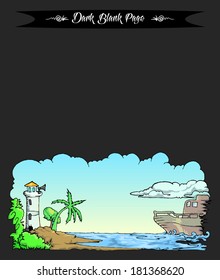 cartoon hand draw illustration of boat on the sea and beach landscape with light house, as black paper illustration