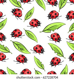 Cartoon hand drawing beetle ladybug and leaves seamless pattern, vector background. Funny insects on a white backdrop. For fabric design, wallpaper, wrapper, print, decoration