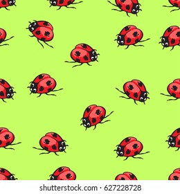 Cartoon hand drawing beetle ladybug seamless pattern, vector background. Funny insects on a green backdrop. For fabric design, wallpaper, wrapper, print, decoration