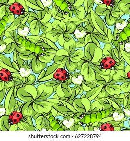 Cartoon hand drawing beetle ladybug and caterpillars, leaves and flowers of clover seamless pattern, vector background. Funny insects on a blue backdrop. For fabric design, wallpaper, decoration