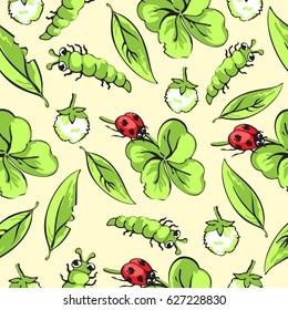 Cartoon hand drawing beetle ladybug and caterpillars, leaves and flowers of clover seamless pattern, vector background. Funny insects on a yellow backdrop. For fabric design, wallpaper, decoration