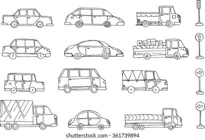 Cartoon hand drawing cars with traffic lights and road signs set. Colored book. vector