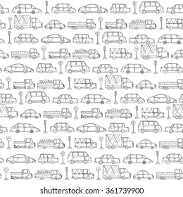Cartoon hand drawing cars with traffic lights and road signs seamless pattern background. Coloring book vector
