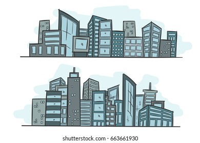 Cartoon Hand Drawing City with color. Vector on white background