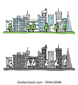 Cartoon Hand Drawing City and Trees with color. Vector on white background. Pollution, green concept.