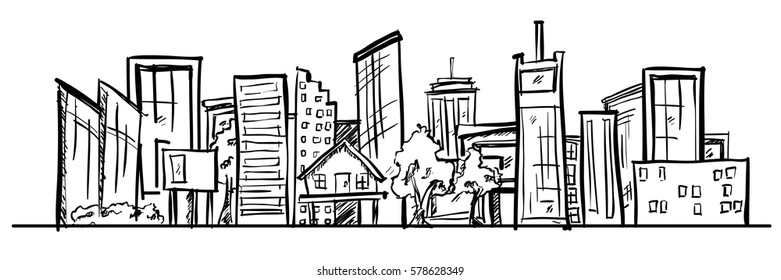 Cartoon hand drawing city. Vector on white background.