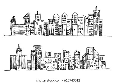 Cartoon hand drawing city. Vector on white background.