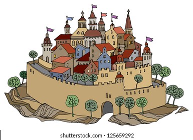 Cartoon hand drawing color castle