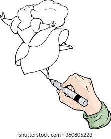Cartoon hand drawing a dancing princess with black marker. Isolated on white.