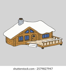 A Cartoon, Hand drawing design of a ski chalet ideal for winter sports lovers.