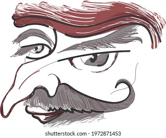 Cartoon hand drawing face. Man with big nose and long grey moustashes and brows. 