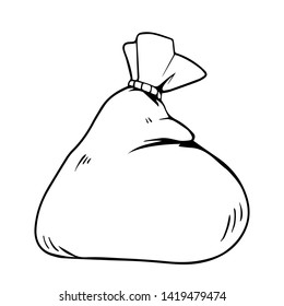 Cartoon hand drawing of full sack. Vector illustration of a closed burlap bag with rope. 