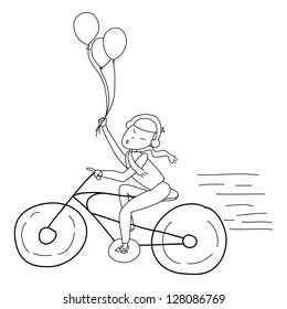 cartoon hand drawing girl with balloons and bicycle