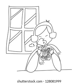 cartoon hand drawing girl with cup of tea coffee line art
