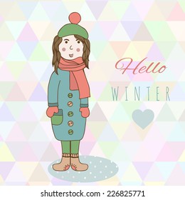 Cartoon hand drawing girl in winter clothes look, shoe, mitten and jacket winter style