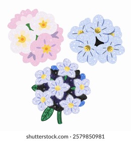 Cartoon, Hand drawing Glowing Starry Blossoms, Blue, Pink, Navy Floral Isolated White Background. A bouquet of celestial flowers glowing softly with stardust and ethereal light.