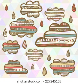 Cartoon hand drawing graphic style card clouds in triangle pastel backdrop