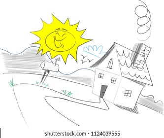Cartoon hand drawing house. Vector Illustration.