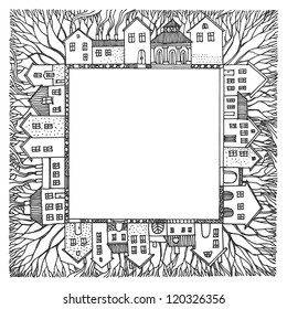 Cartoon hand drawing houses frame