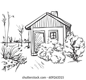 Cartoon hand drawing houses. Landscape sketch. Monochrome