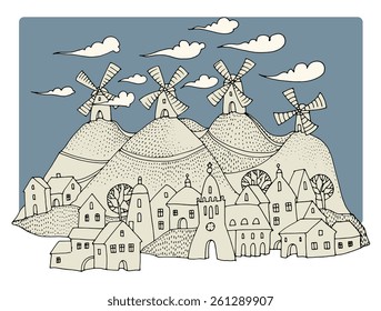 Cartoon hand drawing houses, vector illustration