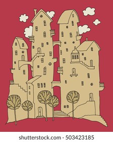 Cartoon hand drawing houses, vector illustration
