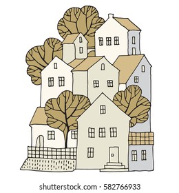 Cartoon hand drawing houses, vector illustration
