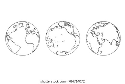 Cartoon hand drawing illustration of three views of planet Earth globe.