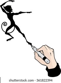 Cartoon hand drawing a monkey man with black marker