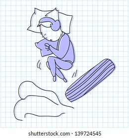 cartoon hand drawing on graph paper girl curl up on the bed