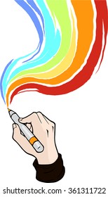 Cartoon hand drawing a rainbow with a marker